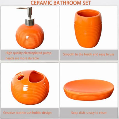 Orange Bathroom Accessories Set 4 Pcs, Ceramic Bathroom Accessory Set with Lotion Soap Dispenser, Toothbrush Holder, Bathroom Tumbler and Soap Dish,Orange Bathroom Decor