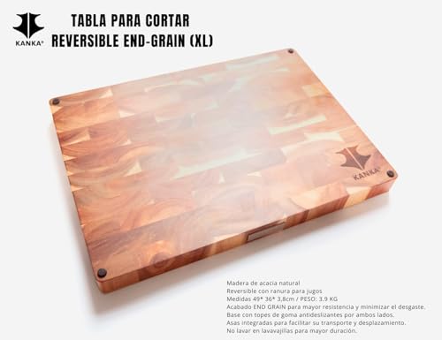 KANKA Acacia Wood Cutting Board Reversible – 19 x 14 Extra Large End Grain Butcher Block with Juice Groove, Non-Slip Feet & Built-In Handles – Ideal Wooden Cutting Board for Meat & Chopping