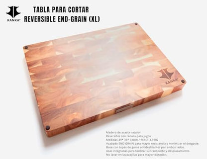KANKA Acacia Wood Cutting Board Reversible – 19 x 14 Extra Large End Grain Butcher Block with Juice Groove, Non-Slip Feet & Built-In Handles – Ideal Wooden Cutting Board for Meat & Chopping