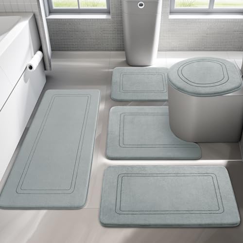 Light Grey Memory Foam Bathroom Rug Set, 5 Piece Absorbent NonSlip Bath Mat for Bathroom, Washable Dry Quickly - color: Light Grey, size: 5pieces