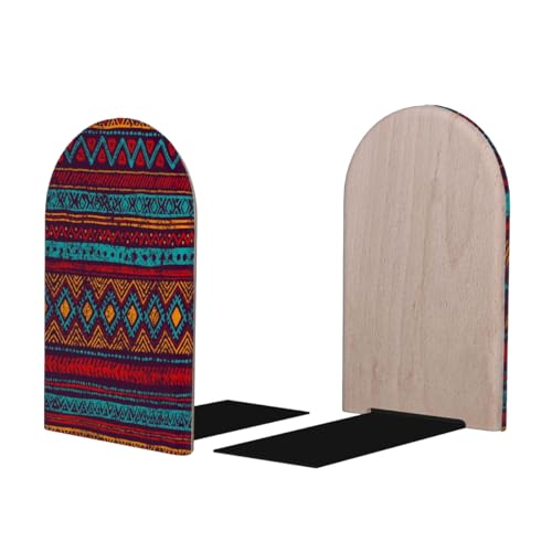 Retro Enthic Mandala Geometric Wooden Print Book Ends Decorative Wood Bookends for Shelves Heavy Books, Non-Skid Book Stoppers, 1 Pair/2 Pieces - size: Medium