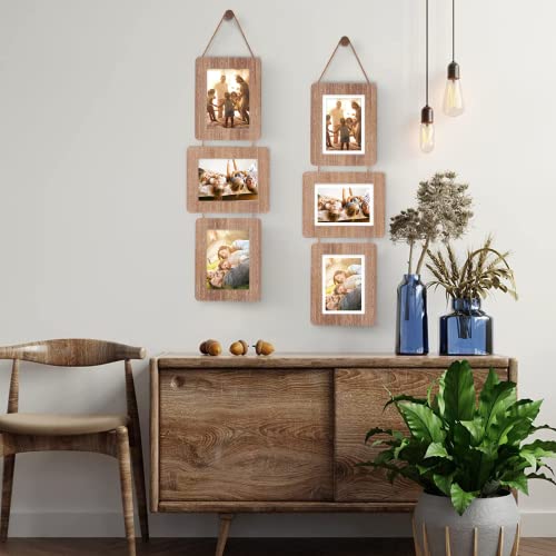 5x7 Collage Picture Frame, 3 Opening, Rustic Wood, Weathered Brown | Wall-Mounted Hanging Design, Displays 4x6 Photos with Mat or 5x7 Photos Without Mat, Three-Opening Layout - color: Weathered Brown, size: 3 Opening
