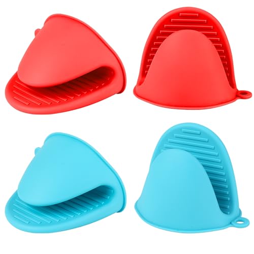 4 PCS Silicone Oven Mitts Heat Resistant Mini Oven Gloves for Kitchen Rubber Air Fryer Mitts Oven Accessories Finger Cooking Pinch Mitts Pot Holders for Kitchen Cooking Baking Dishwasher, Black & Red - color: Blue+red