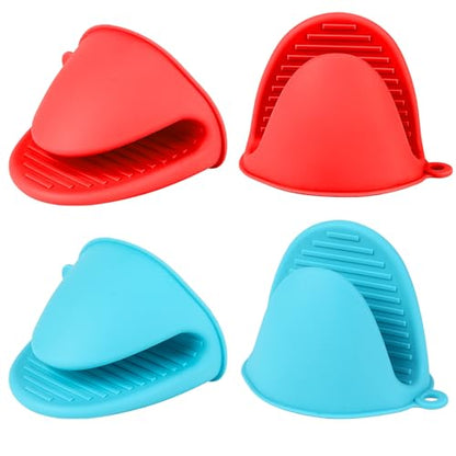 4 PCS Silicone Oven Mitts Heat Resistant Mini Oven Gloves for Kitchen Rubber Air Fryer Mitts Oven Accessories Finger Cooking Pinch Mitts Pot Holders for Kitchen Cooking Baking Dishwasher, Black & Red - color: Blue+red
