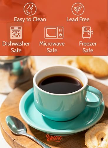 Sweese 4 Ounce Porcelain Stackable Espresso Cups with Saucers and Metal Stand Set of 4, Turquoise - color: Turquoise, size: 4 Ounces