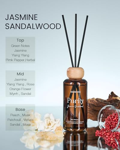 M&SENSE Reed Diffuser, Jasmine Sandalwood, 6.3 oz Natural Essential Oil | Non-Toxic Organic, Long-Lasting Fragrance, Ideal for Living Room, Bedroom, Gifts for Women - color: Jasmine Sandalwood