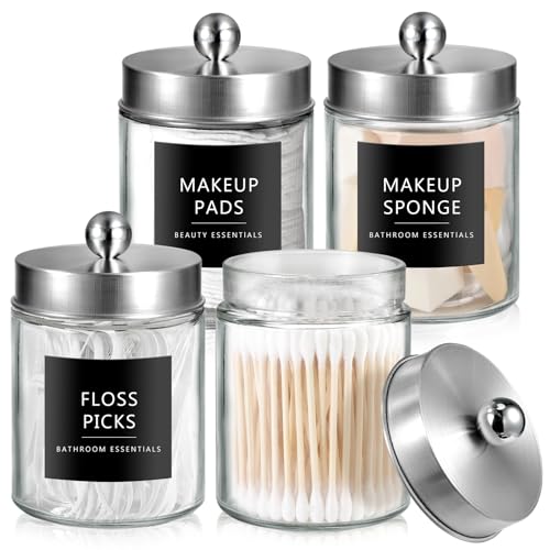 SheeChung 4 Pack Glass Qtip Holder with Brushed Nickel Stainless Steel Lids | Apothecary Jars with Stickers, Modern Farmhouse Bathroom Vanity Organizer for Cotton Swabs, Balls, Pads, Countertop Canister - color: Nickel, size: 4 pack