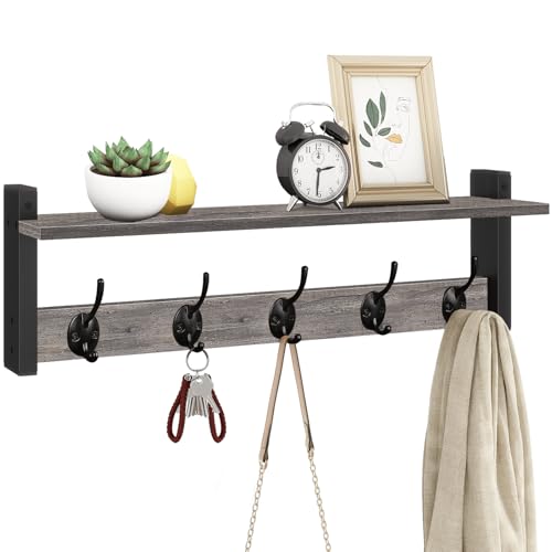 Wall Hooks With Shelf, 24 Inch Coat Rack Wall Mount for Entryway, Clothes, Backpack, Key, Purse - Floating Shelf Hanging in Bathroom, Bedroom, Hallway, Rustic Grey - color: Rustic Grey, size: 24 Inch Long
