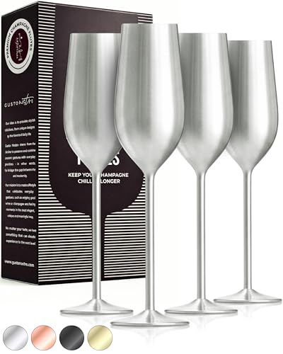 Gusto Nostro Stainless Steel Champagne Flutes Set of 4 (Silver) Unique, Unbreakable, Colorful Metal Champagne Glasses - Modern Toasting Flutes - Luxury Wedding Gifts for Couple - Wedding Registry Idea - color: Silver, size: Set of 4