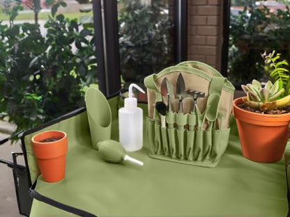 14-Piece Indoor Gardening Tool Set, Stainless Steel Mini Garden Tools with Waterproof Tarp Mat & Tote Bag for Succulents, Potting, Transplanting & Plant Care