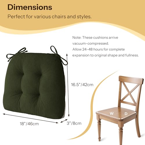 Anti Slip Kitchen Chair Cushions Set of 4 18"X16.5"X3" Dark Green | Elegant Breathable Textured Fabric, with Ties, Tufted, Thick Polyester Filling, for Dining Chairs, Folding Chairs, Office - color: Dark Green