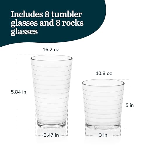 Libbey Hoops Tumbler and Rock Glass Set, Two Sized Nostalgic Retro Glass Cups Set, Dishwasher Safe Glasses Drinking Set of 16 for Any Occasion - color: 09 - Hoops