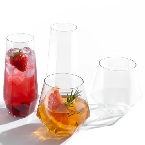 BESTSTAR 48 Pack Clear Plastic Wine Glasses Set BPA-Free Shatterproof | 24 9 OZ Stemless Champagne Flutes & 24 12OZ Diamond Wine Whiskey Glasses, Clear Drinkware for Weddings, Parties & Events - color: Clear Diamond
