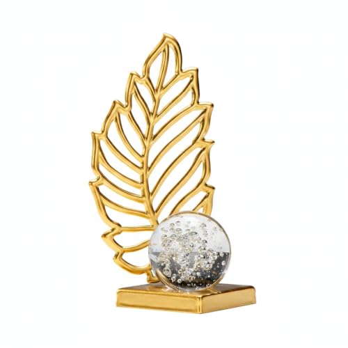 for Shelf, Desk, or Console Table Display: Modern Geometric Metal Leaf and Crystal Ball Sculpture Accent (1 PC) - size: 3.27 x 3.27 x 6.3 in