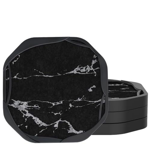UMIRRO Absorbent Felt & Silicone Drink Coasters Set of 4, Black Marble Look | Leakproof, Non-Slip & Non-Stick, Modern Luxe Decor for Coffee Table, Office Desk, Home Bar & Kitchen Accessories, Octagon 4" - color: 34. Black Marbling, size: 4 Pack
