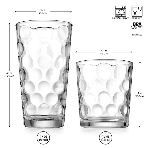 Home Essentials Drinking Glasses Set of 16, 8 Highball Glasses -17 oz., 8 Rocks Whiskey Glass Cups 13 oz., Inner Circular Lensed Glass Cups. - size: 16 Piece Set (8 x 17 oz Highball, 8 x 13 oz Rocks)