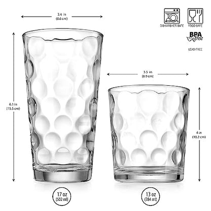 Home Essentials Drinking Glasses Set of 16, 8 Highball Glasses -17 oz., 8 Rocks Whiskey Glass Cups 13 oz., Inner Circular Lensed Glass Cups. - size: 16 Piece Set (8 x 17 oz Highball, 8 x 13 oz Rocks)