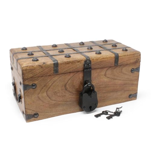 Treasure Chest Wooden Box with Antique Iron Lock and Skeleton Key (Medium 12.5x6x5.5) - Storage and Decor – Pirate Chest, Decorative Storage Chest with Hinged Lid, Wood Treasure Box - size: Medium 12.5 x 6 x 4.5"