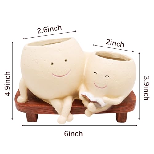 LAUGOKEBE Cute Smily Face Plant Pot for Indoor Outdoor with Drainage Hole | Unique Double Head Reading Book Planters, Funny Succulent Flower Pots, Plant Gifts for Mother's Day, Birthday, Christmas