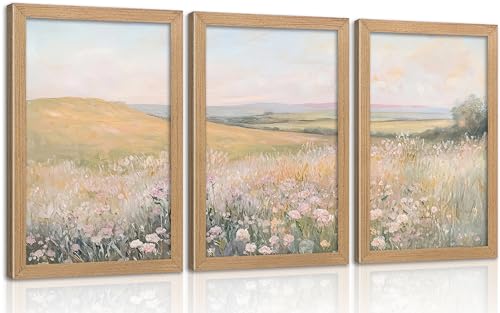 Framed Pastel Wildflower Meadow Wall Art Set, Country Mountain Landscape Oil Painting Canvas Prints, Vintage Farmhouse Floral Wall Decor, Soft Neutral Farmhouse Poster Artwork for Bedroom Living Room - color: Wildflowers, size: 24"Lx16"W