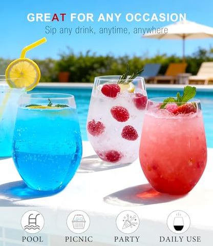 OJA Unbreakable Tritan Plastic Stemless Wine Glasses,16 oz,Set of 6,Outdoor | Shatterproof Wine Glass, Clear, BPA-free, Reusable, Dishwasher-Safe, Drinking Glassware for Poolside, Camping, Party