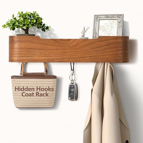 Coat Rack Wall Mount with Hidden Hooks Modern Key Holder Wood Entryway Hook with Shelf for Bedroom Kitchen Hallway Bathroom Designed for Hanging Coats Hats Bags Towel Dog Leashe(Walnut,4 Hooks) - color: Walnut, size: 4 Hooks