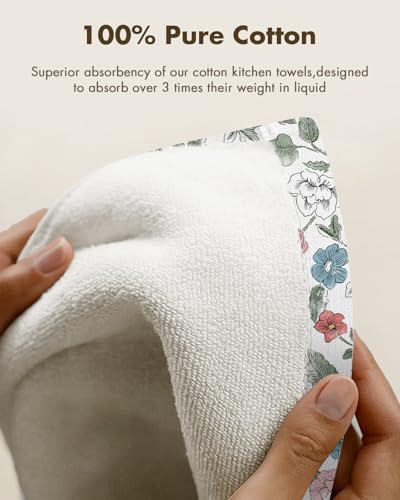 2pcs Cotton Waffle Kitchen Towels, Vibrant Botanical | Waffle Weave, Terry Cloth, Pure Cotton, Sustainable, 16"x26", Highly Absorbent, with Hanging Loop, Giftable Package - color: Vibrant Botanical