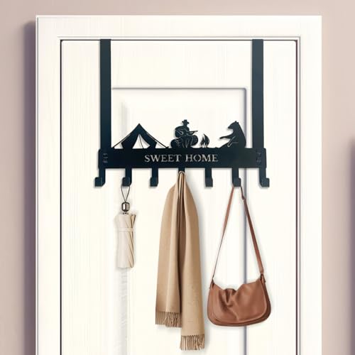 Over The Door Hanger Hooks with 7 Hooks, Black Metal No Drill Over Door Coat Rack for Towels, Coats, Hats, Bags & Robes, Bedroom Bathroom Closet Dorm Entryway Organizer, Fits 1.4–1.7'' Standard Doors