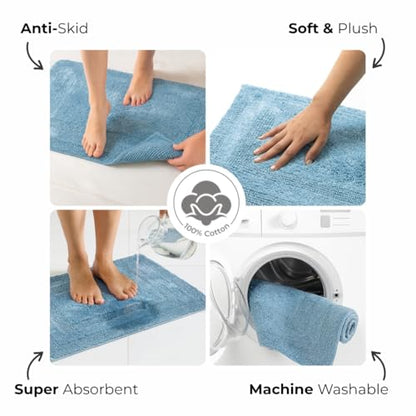 Akiko 100% Cotton Bath Mat, Soft Plush Reversible Bathroom Rug 20x32 Blue | Bath Mats for Bathroom Absorbent Quick Dry Anti-Skid Machine Washable Bath Mats for Bathroom Shower Bathtub - color: Blue