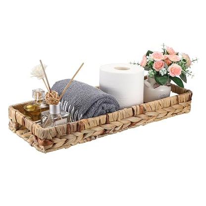 Hipiwe Wicker Toilet Tank Basket 16.9" Woven Bathroom Vanity Basket Tray | Rectangle Baskets Organizer for Long Back of Toilet, Water Hyacinth Decorative Countertop Tray for Paper Hand Towel - size: 16.9" x 6.3" x 2.4"