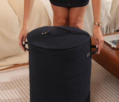 16"x20" Extra Large Cotton Rope Basket with Zipper Lid, Woven Laundry Hamper and Blanket Storage Basket, Round Clothes Bin for Living Room Bedroom, Navy Blue - color: All Deep Blue