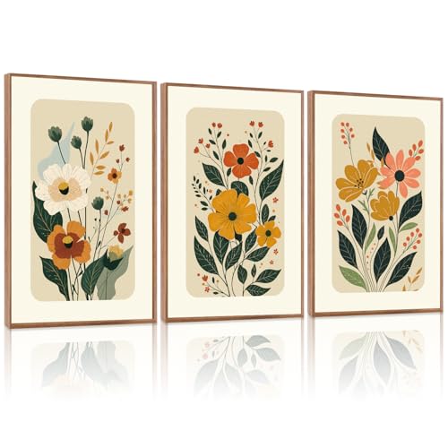 LHIUEM Boho Floral Botanical Framed Canvas Wall Art Set,Abstract Vintage Beige Wall Decor,Minimalist Wildflowers Artwork for Living Room,Bedroom,Dining Room,Office -16"x24"x3 - color: Boho Floral Botanical Wall Art, size: 16''x24''x3