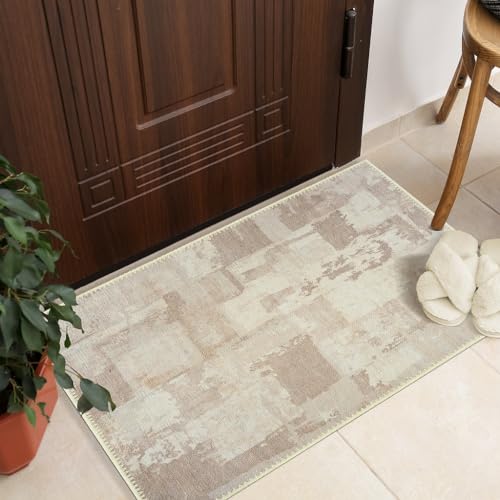 GLN Rugs Bohemian - Troy - Machine Washable Area Rug, Boho Washable, Non Slip, Low Pile Chenille Area Rug, Entryway, Hallway, Kitchen Rug - Easy Clean (2' x 3' Abstract Tan) - color: Abstract Tan, size: 2' x 3' (Rectangular)