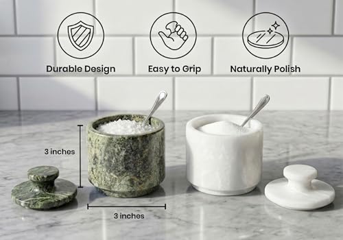 Marble Salt Cellar with Lid - Stone Salt Container for Countertop, Salt Box Keeper for Kitchen Counter, 3.5 oz OceanicX Marble Cellar (White Jungle Green) - color: White Jungle Green