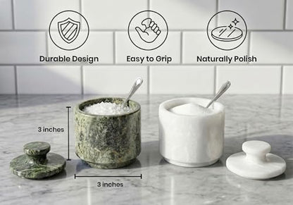 Marble Salt Cellar with Lid - Stone Salt Container for Countertop, Salt Box Keeper for Kitchen Counter, 3.5 oz OceanicX Marble Cellar (White Jungle Green) - color: White Jungle Green