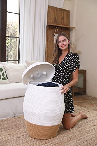 26"x20" Handcrafted Tall Cotton Rope Basket with Lid, Stylish Flagon Shape with Cover, Clothes Hamper with Top, for Bedroom and Living Room, White/Camel Bottom - color: White/Camel Bottom, size: 26"x20"