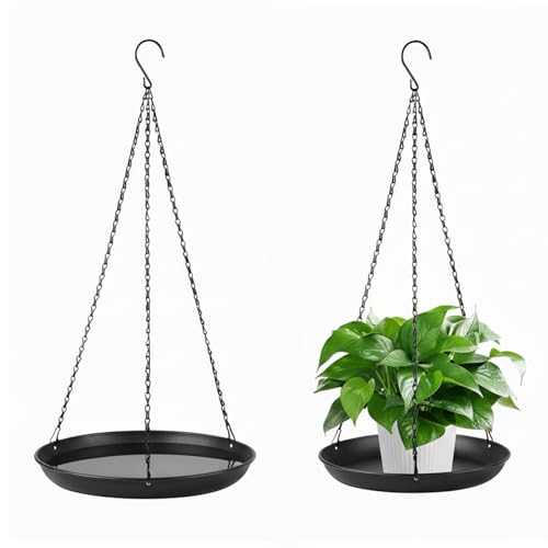Window Plant Hanger 2 Pack, Black Metal Hanging Plant Shelf with Water Catcher Tray, Outdoor Hanging Planter Basket for Balcony, Patio & Indoor Home Decor - size: 9.8in-2Pack
