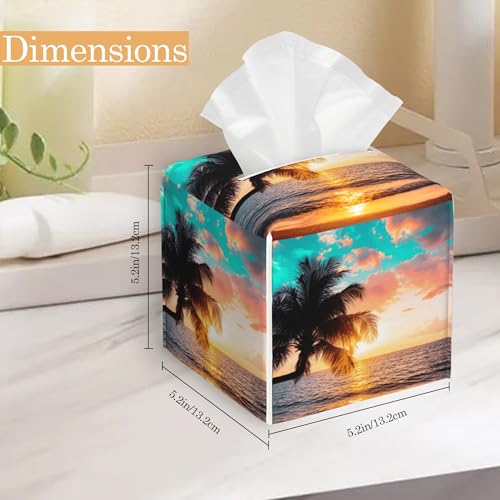 Sunset Beach Tissue Box Cover,Palm Tissue Box Holder Waterproof Leather Facial Paper Organizer Dispenser for Bathroom Home Car Nightstand Vanity - color: Sunset Beach Palm
