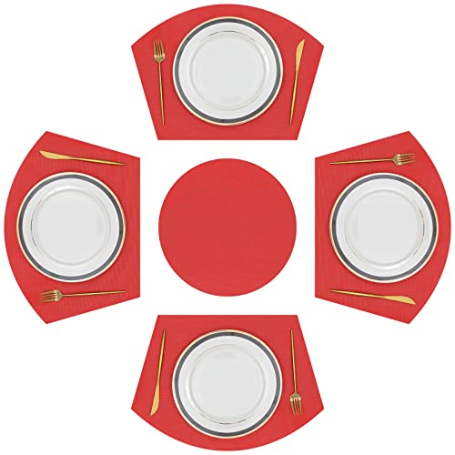 SHACOS Large Size Wedge Shape Placemats with Centerpiece Round Mat Set of 5 Round Table Place Mats Washable Dining Table Placemats Reversible, Red - color: Red