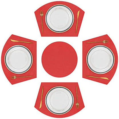 SHACOS Large Size Wedge Shape Placemats with Centerpiece Round Mat Set of 5 Round Table Place Mats Washable Dining Table Placemats Reversible, Red - color: Red