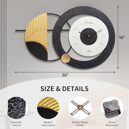 Modern Wall Clock Battery Operated Big Wall Clocks Large Mid Century Clock for Living Room,Silent Metal Wall Watch Circle Geometric Timepiece for Home,Living Room,Bedroom-26X16inch - color: K-black Gold-26x16inch