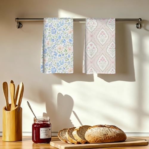 jeilink Blue Pink Floral Kitchen Towels, Set of 2 Dish Towels for Kitchen | Pastel Coquette Flower Soft Absorbent Decorative Tea Hand Towel for Home Dining Room Restaurant Cooking, 13.8 x 23.6 Inch