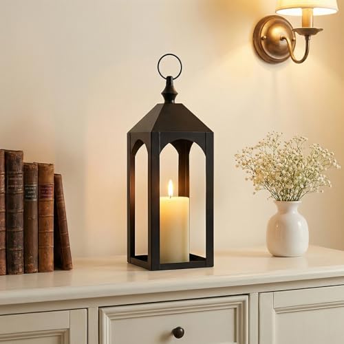 17 Inch Black Metal Outdoor Lantern with Hanging Ring Modern | Farmhouse Candle Lanterns for Porch Patio Fireplace Tabletop Decor No Glass Panel - size: 17Inch
