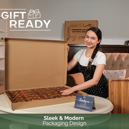 Howizz Solid Acacia Wood 24"x18" Extra Large Cutting Board, Extra End 1.5" Grain Thick Chopping Boards, Non Toxic, Juice Grooves & Handles, Pre-Oiled Wooden Trays for Kitchen, Gift-Ready - color: End Grain, size: 24"L x 18"W