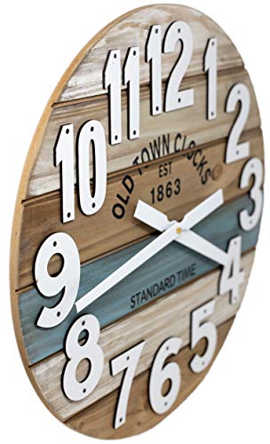 24" Wooden Multi-Color Maritime Coastal Beach Large Number Wall Clock (Blue, 24 inch) - color: Blue, size: 24 inch