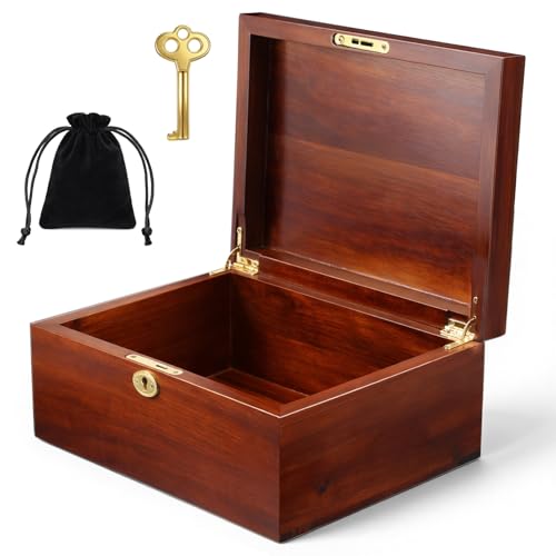 Wooden Storage Box with Hinged Lid and Locking Key Large Memory Box For Keepsakes Acacia Wood Boxes Memory treasure Wood Boxes for Recipes Decorative Storage or as Keepsake, 11" x 8.7" x 4.7"