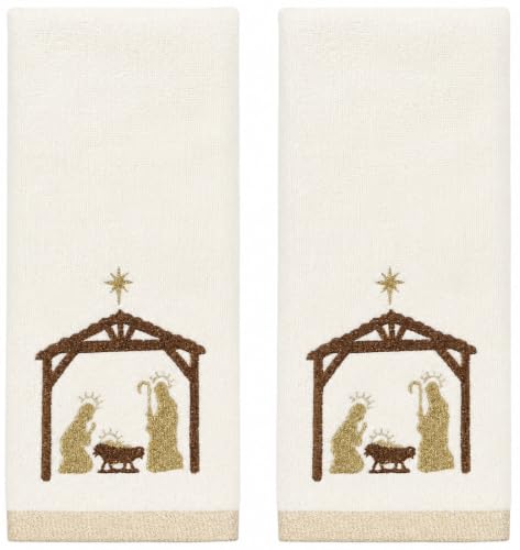 Christmas Hand Towels for Bathroom– Set of 2 Cream White 100% Cotton Embroidered Manger Nativity Scene Design – 25 x 16” Decorative Bath & Kitchen Towels - color: Manger