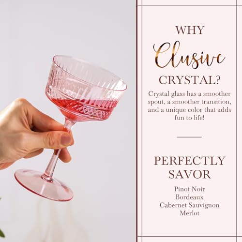 Pink Coupe Cocktail Glasses set of 6 - Ribbed Coupe Cocktail Glasses 9oz, Unique Cocktail Glass for Bar, Martini, Impressive Cocktail Party Glasses - color: Pink
