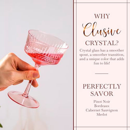 Pink Coupe Cocktail Glasses set of 6 - Ribbed Coupe Cocktail Glasses 9oz, Unique Cocktail Glass for Bar, Martini, Impressive Cocktail Party Glasses - color: Pink