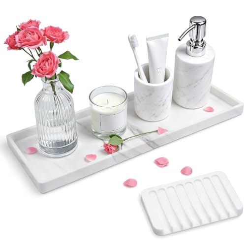 Bloss Bathroom Counter Marble Tray and Soap Holder 15.7x5.9 inch | Silicone Bathroom Vanity Trays, Marble Tray for Kitchen Counter, Toilet Tank Tray,Trays for Perfume, Jewelry,Candle, Key - color: Marble, size: 15.7" x 5.9" x 0.9"